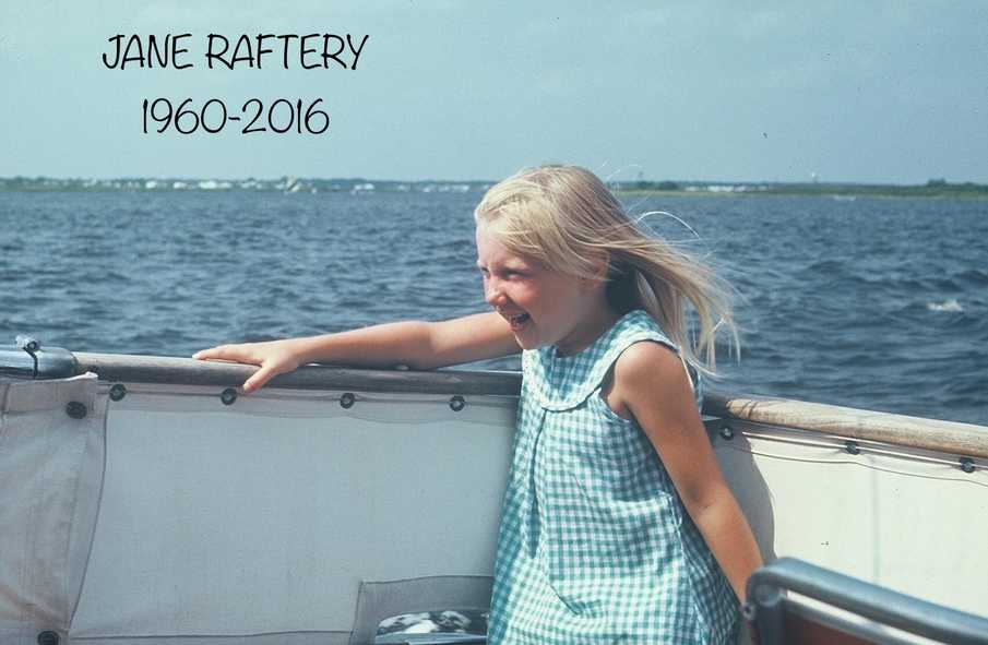 Patrick Raftery's younger sister, Jane Raftery, smiling on a boat as a young girl.